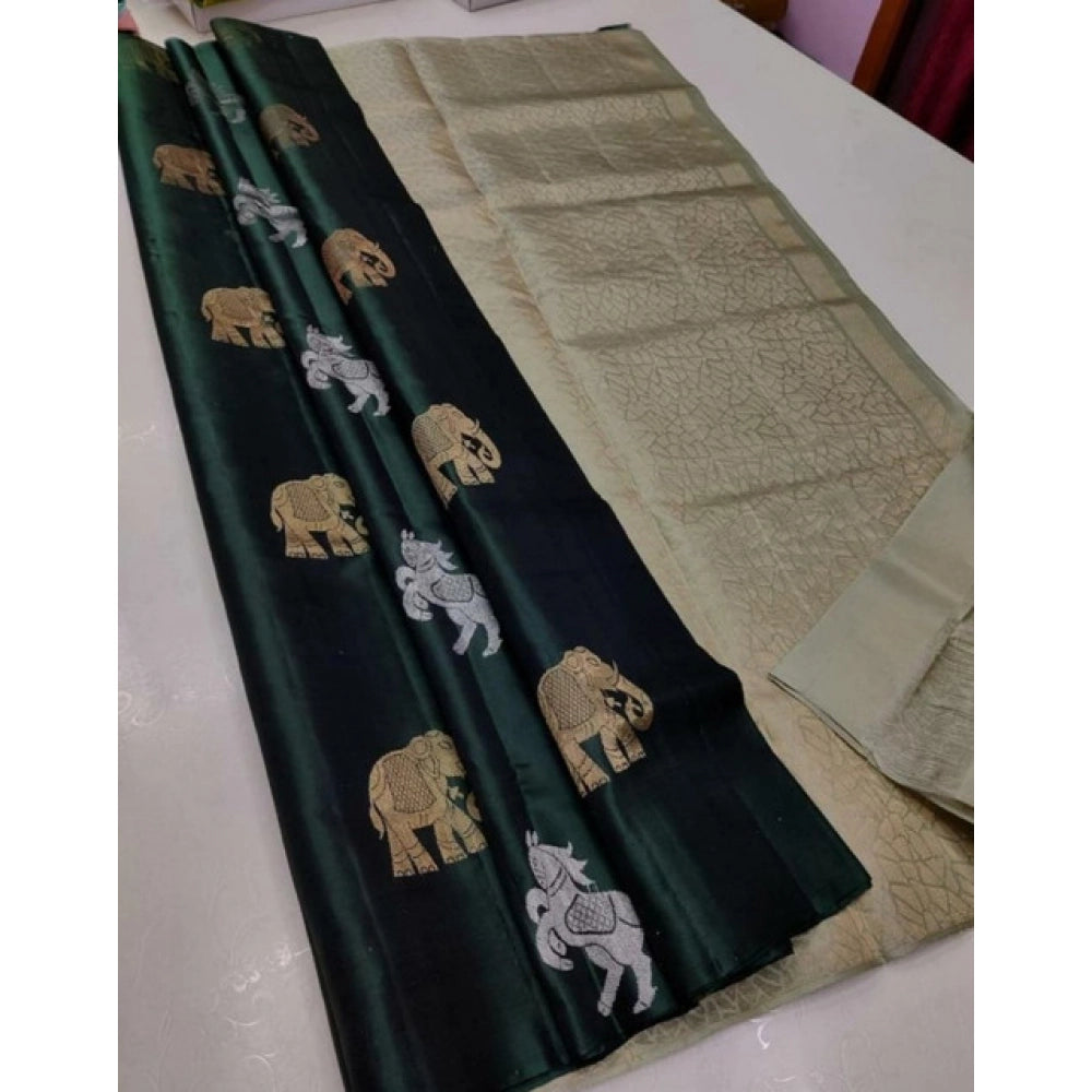 Generic Women's Litchi silk Printed Saree With Unstitched Blouse (Green)