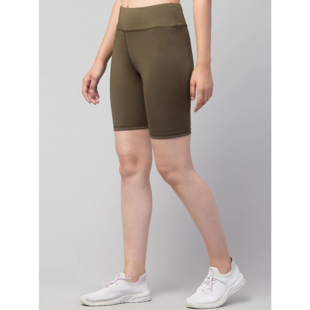 Generic Women's Polyester Solid Above Knee High-Rise Shorts (Olive)