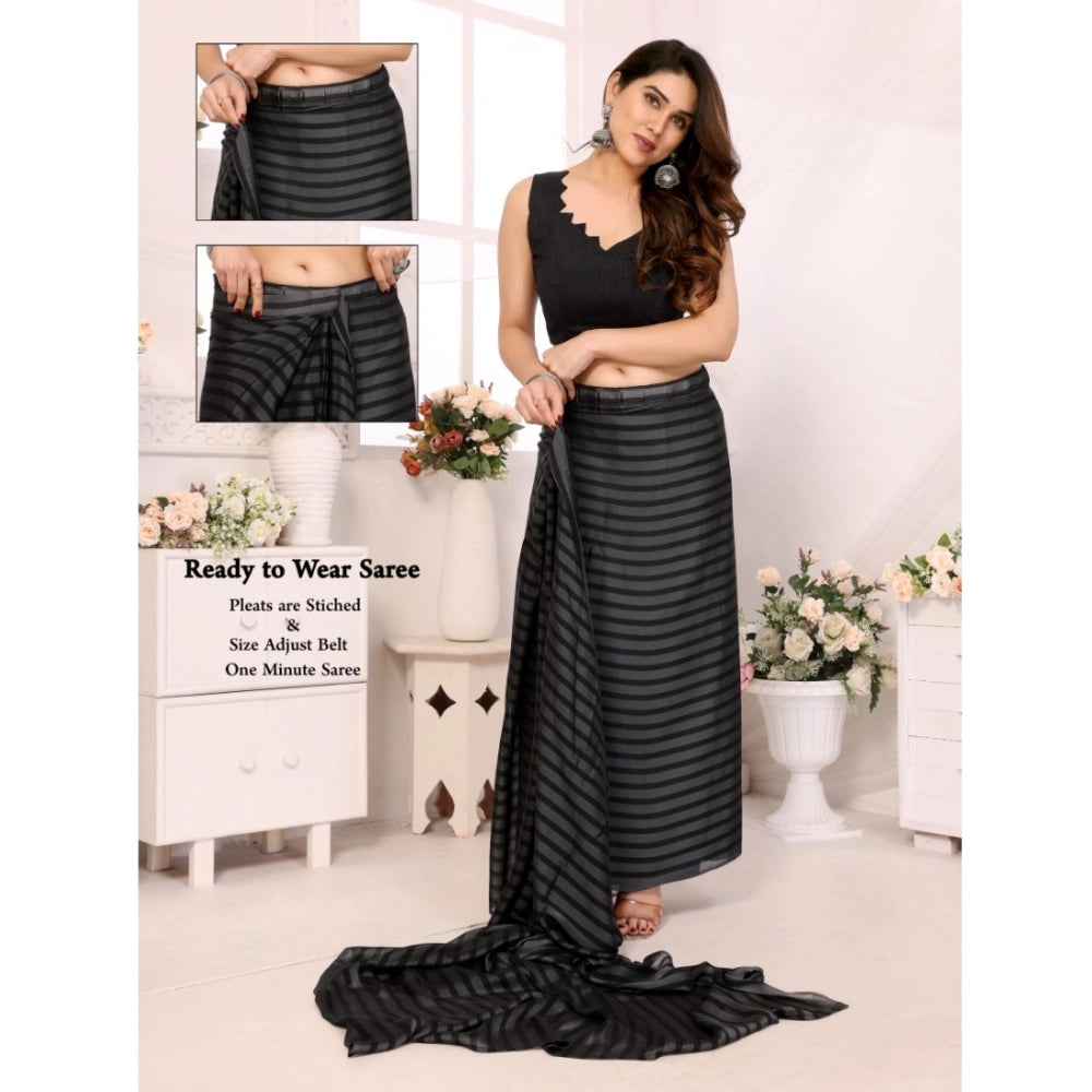 Generic Women's  Black Berry Striped Ready-to-Wear Saree With Unstitched Blouse 5.5 Mtr (Grey-Black)